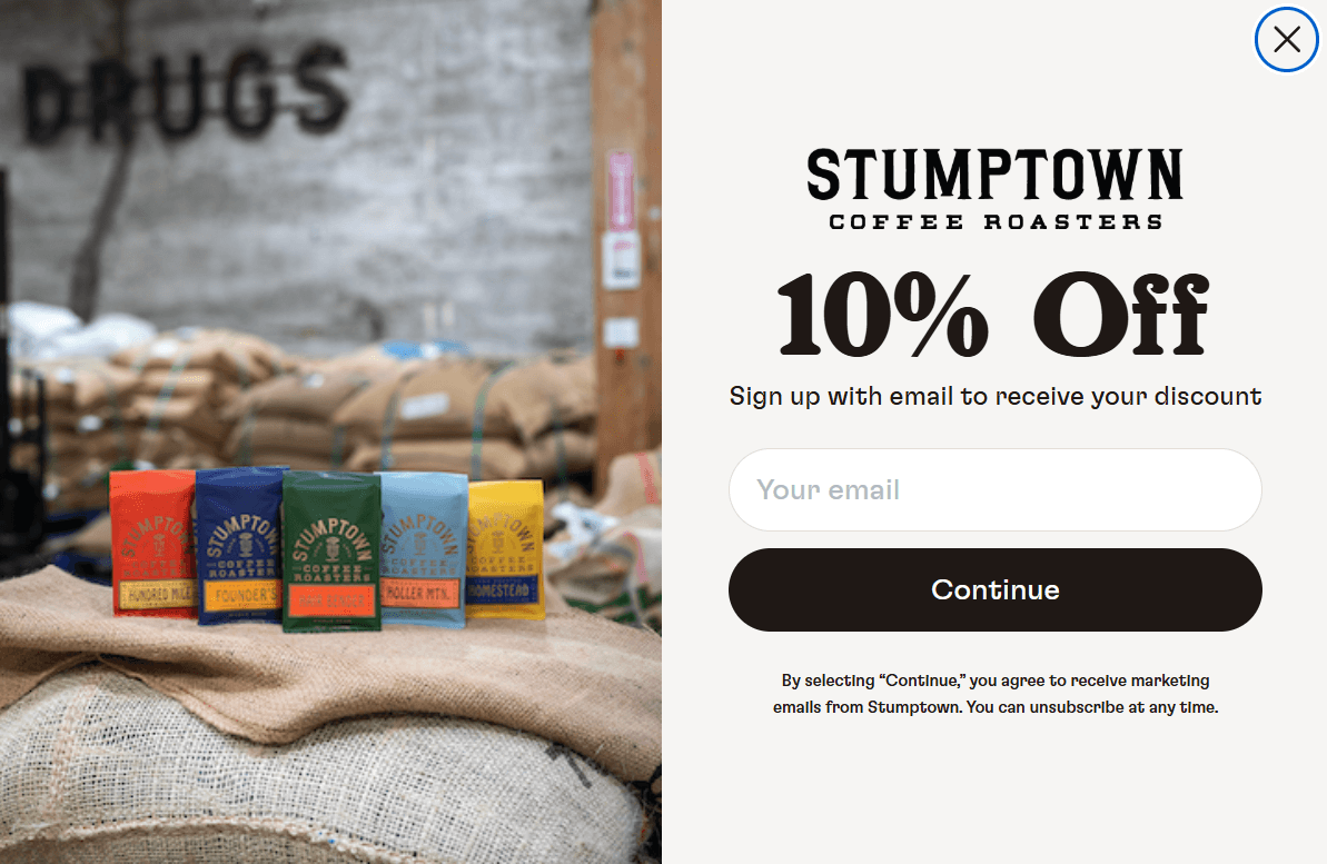 A screenshot of Stumptown Coffee Roasters' form offering 10% off to people signing up