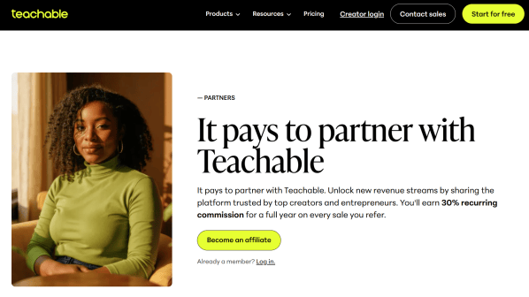 Teachable&rsquo;s partner page highlights its recurring commission and affiliate application. 