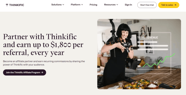 Thinkific invites creators to join its program and earn up to $1,800 per referral each year. 
