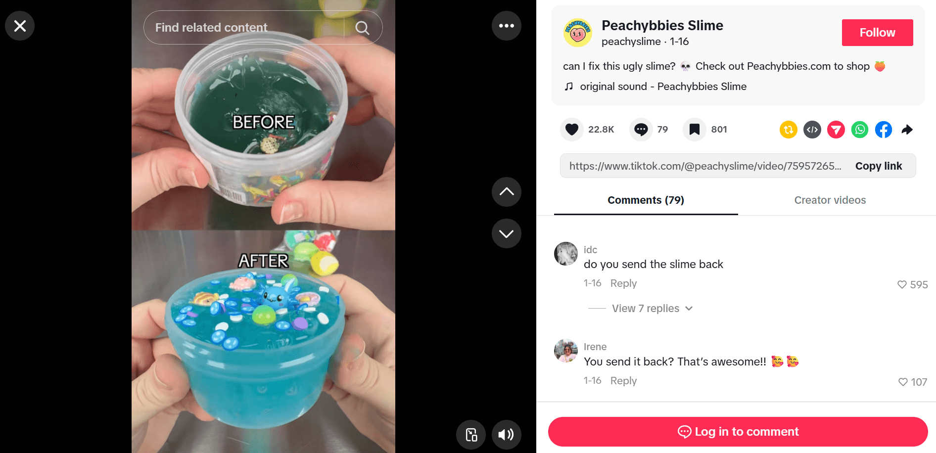 An image of a TikTok post by Peachybbies Slime showcasing a before-and-after slime makeover video