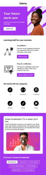 Udemy&rsquo;s welcome email helps new learners explore courses by interest and career goal.