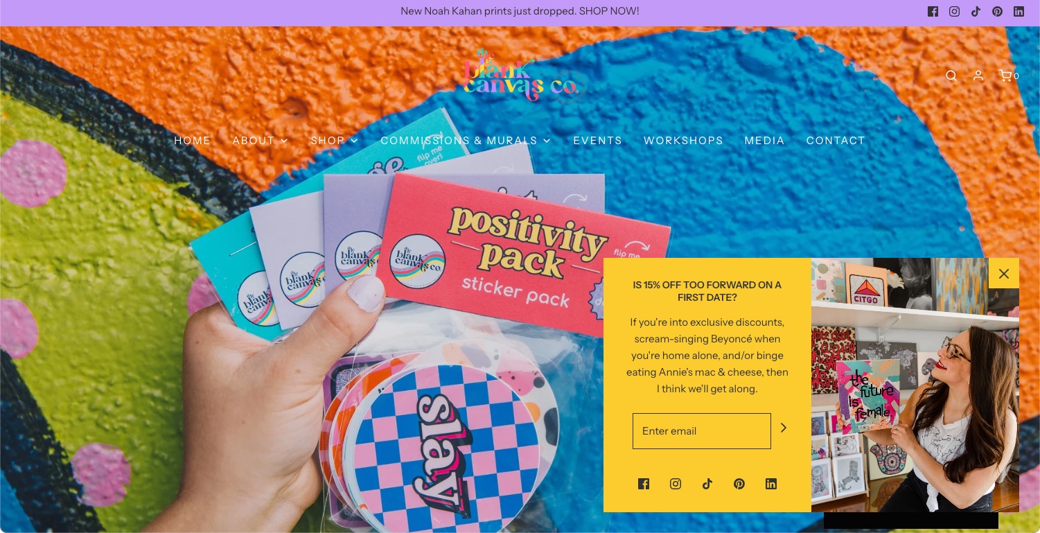 Blank Canvas Co. website with a pop up graphic in the right hand corner offering a 15% off discount.