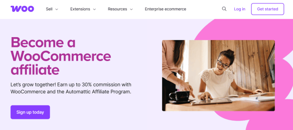 WooCommerce&rsquo;s page introduces the Automattic affiliate program. Image source: WooCommerce affiliate page.