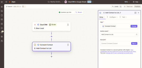 A draft Zap pairs ClearCRM&rsquo;s &ldquo;New Lead&rdquo; trigger with Constant Contact&rsquo;s &ldquo;Add Contact to List&rdquo; action. 