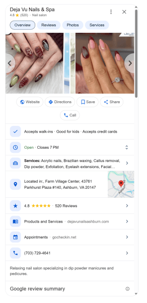Deja Vu Nails & Spa gives local searchers the information they need to compare the business, call, get directions, or book an appointment directly from its Google Business Profile. 