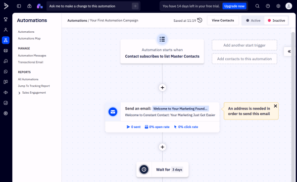 ActiveCampaign automation builder showing a welcome email workflow triggered when a contact subscribes to a list.