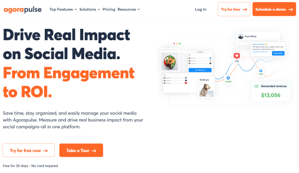 Agorapulse homepage with calendar and revenue previews, featured in our best social media marketing tools guide.