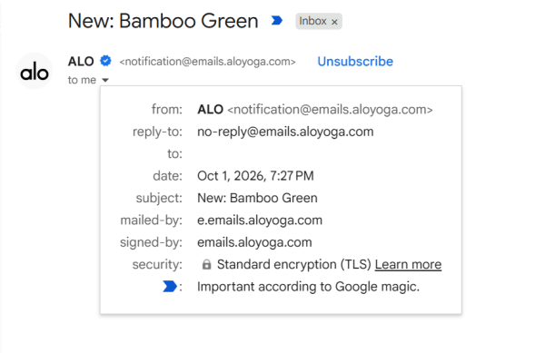 Gmail displays the domains used to authenticate Alo Yoga's email in the "Mailed by" and "Signed by" fields. 
