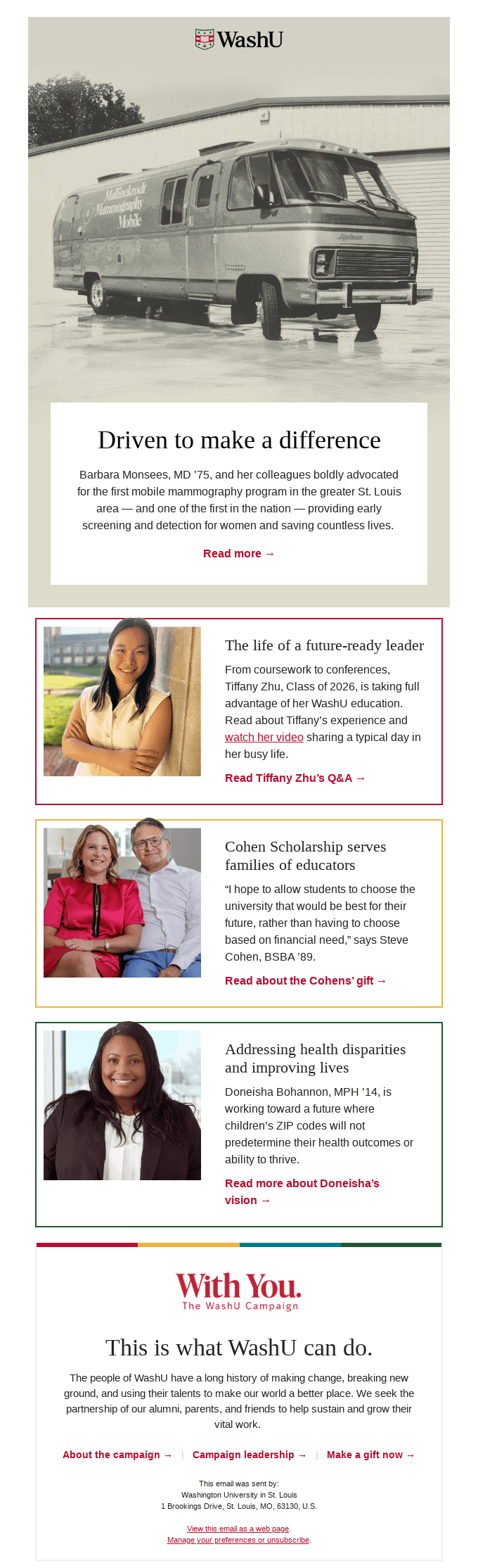 Example of a multi-story university alumni newsletter featuring spotlight articles and a campaign appeal.