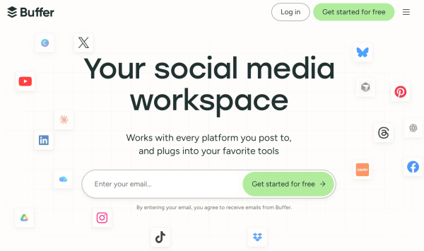 Buffer homepage with social network and app logos.