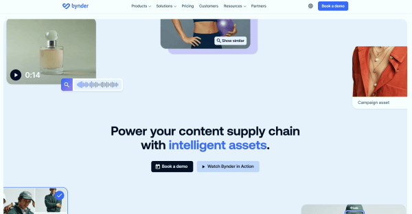 Bynder homepage featuring the headline "Power your content supply chain with intelligent assets," surrounded by image and video previews and a visual search option.