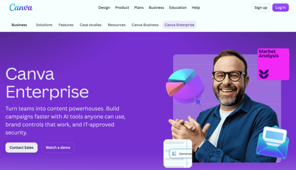 Canva Enterprise homepage with a purple background, a professional seated beside colorful AI and marketing graphics, and messaging about brand controls, AI tools, and security.