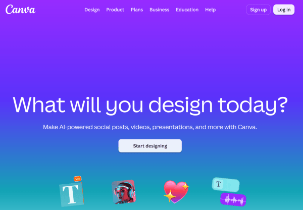 Canva homepage introducing AI design tools for social posts and videos against a purple-to-blue gradient.