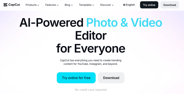 CapCut homepage promoting an AI photo and video editor, with options to use it online or download the app.