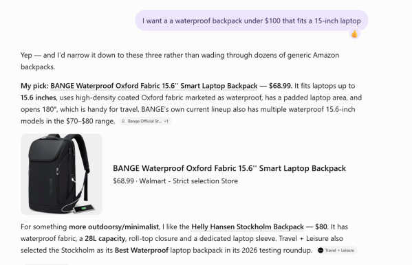 ChatGPT recommends waterproof backpacks under $100 based on a shopper&rsquo;s specific request, including options that fit a 15-inch laptop.
