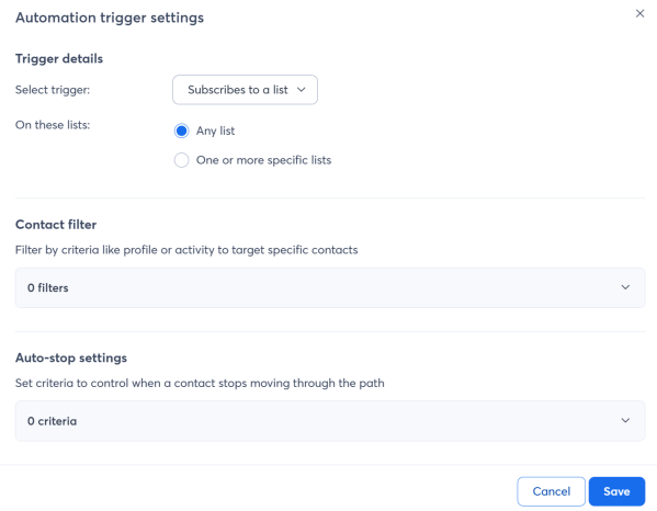 Constant Contact lets you trigger a welcome automation when someone subscribes to any list or selected lists, with optional contact filters and auto-stop criteria. 