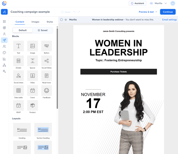 Constant Contact&rsquo;s drag-and-drop email editor lets coaches customize professional email campaigns, such as this webinar invitation, without design or coding experience. 
