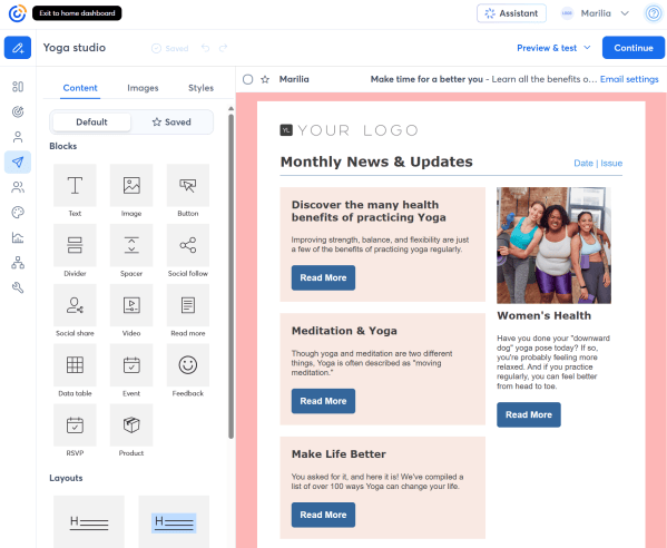 A yoga-themed newsletter template in Constant Contact's email editor, with customizable text, images, and buttons.