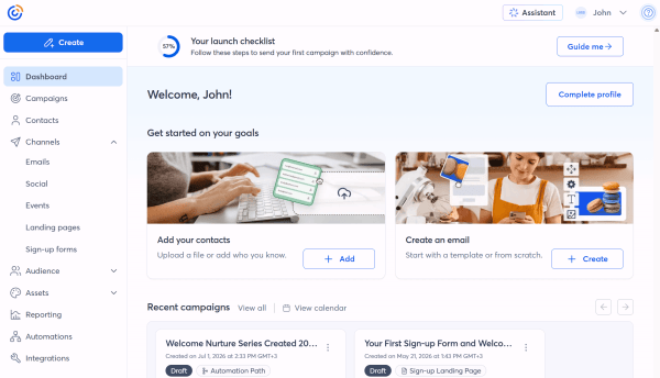 Constant Contact Keap alternative dashboard showing campaigns, contacts, email creation, social channels, reporting, and automations.