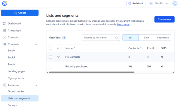 Constant Contact's Lists and Segments dashboard lets you organize subscribers into groups based on criteria such as recent purchases, making it easier to choose who receives your first warm-up emails. 