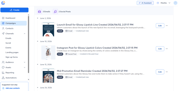 Constant Contact&rsquo;s multi-channel campaign builder organizes email and social posts into a single campaign timeline, making it easier to plan and manage related content. 