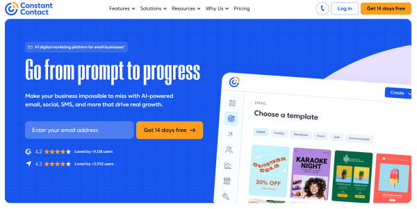 Constant Contact homepage promoting email, social, and SMS marketing beside an email template gallery.