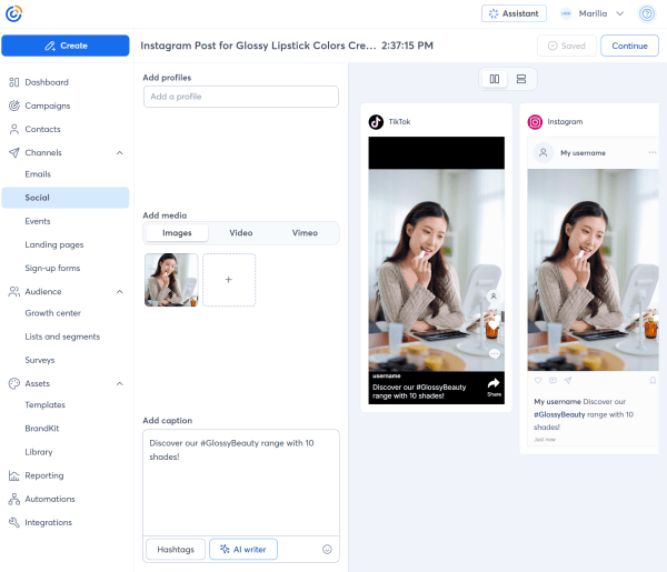 Previewing a beauty product promotion for Instagram and TikTok in Constant Contact's social media editor. 