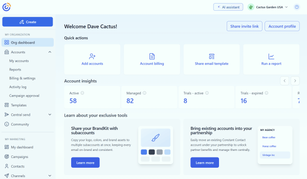 Constant Contact Teams organization dashboard displaying shortcuts for adding accounts, sharing email templates, and running reports, alongside account insights and BrandKit sharing options.