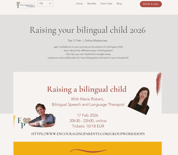 Encouraging Parents promotes its online masterclass on raising bilingual children, highlighting what parents will learn and introducing the guest expert. 