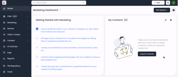 EngageBay Keap alternative dashboard showing CRM, marketing, service, visitor tracking, AI chatbot, contacts, and campaign tools.