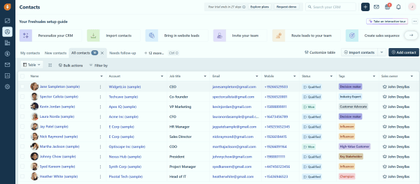 Freshsales CRM contact dashboard showing customer records, sales status, tags, owners, and lead management tools.