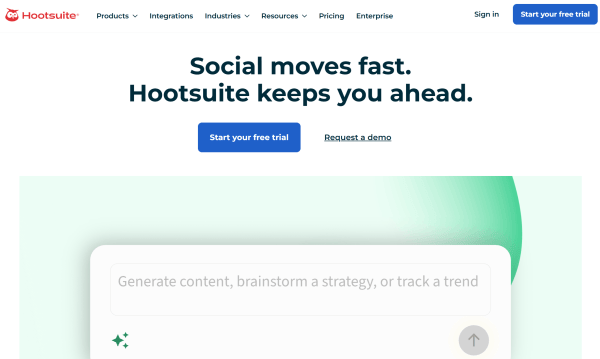 Hootsuite homepage showing a prompt box for generating content, brainstorming strategy, and tracking trends.
