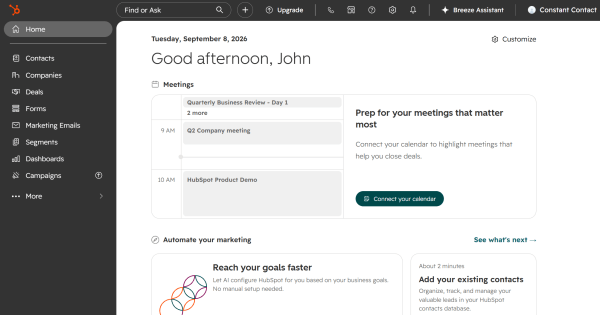 HubSpot home screen with a calendar connection prompt and navigation for contacts, deals, forms, and marketing emails.