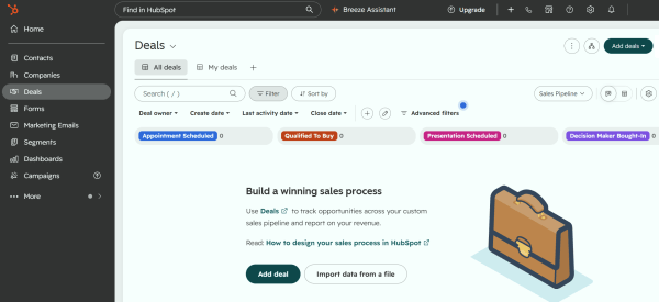 HubSpot Keap alternative showing a sales pipeline with deal stages, filters, marketing emails, contacts, and Breeze Assistant.