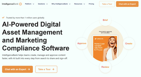 IntelligenceBank homepage showcasing its AI-powered digital asset management and marketing compliance software, with a circular workflow illustration showing the brief, creation, review, and approval stages.