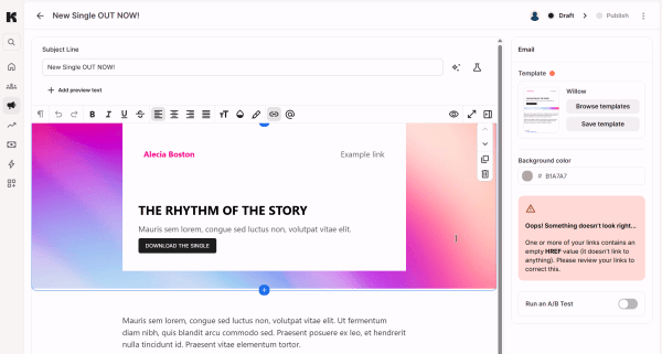 Kit newsletter editor displaying a music release announcement, template settings, and a warning about missing links.