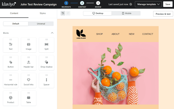 Klaviyo email builder with a citrus-themed template, product blocks, and desktop and mobile preview tabs.