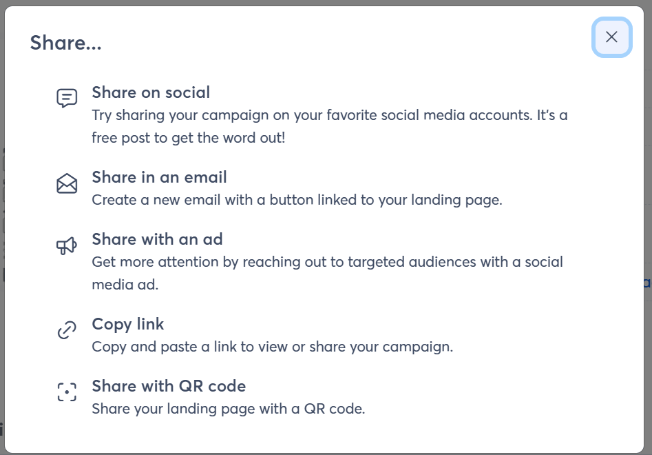 Constant Contact's landing page share menu, showing options to share on social, share in an email or with an ad, copy link, and share with a QR code