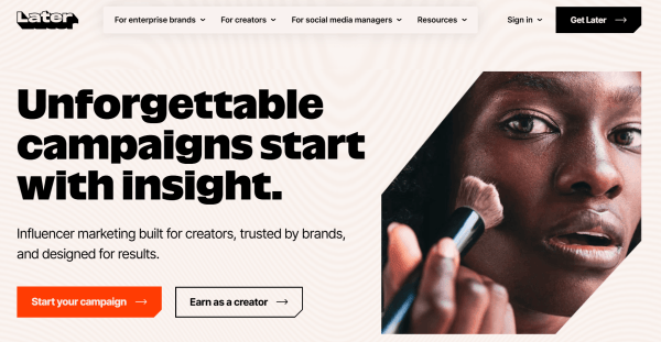 Later homepage promoting influencer campaigns for brands and creators alongside a close-up makeup photo.