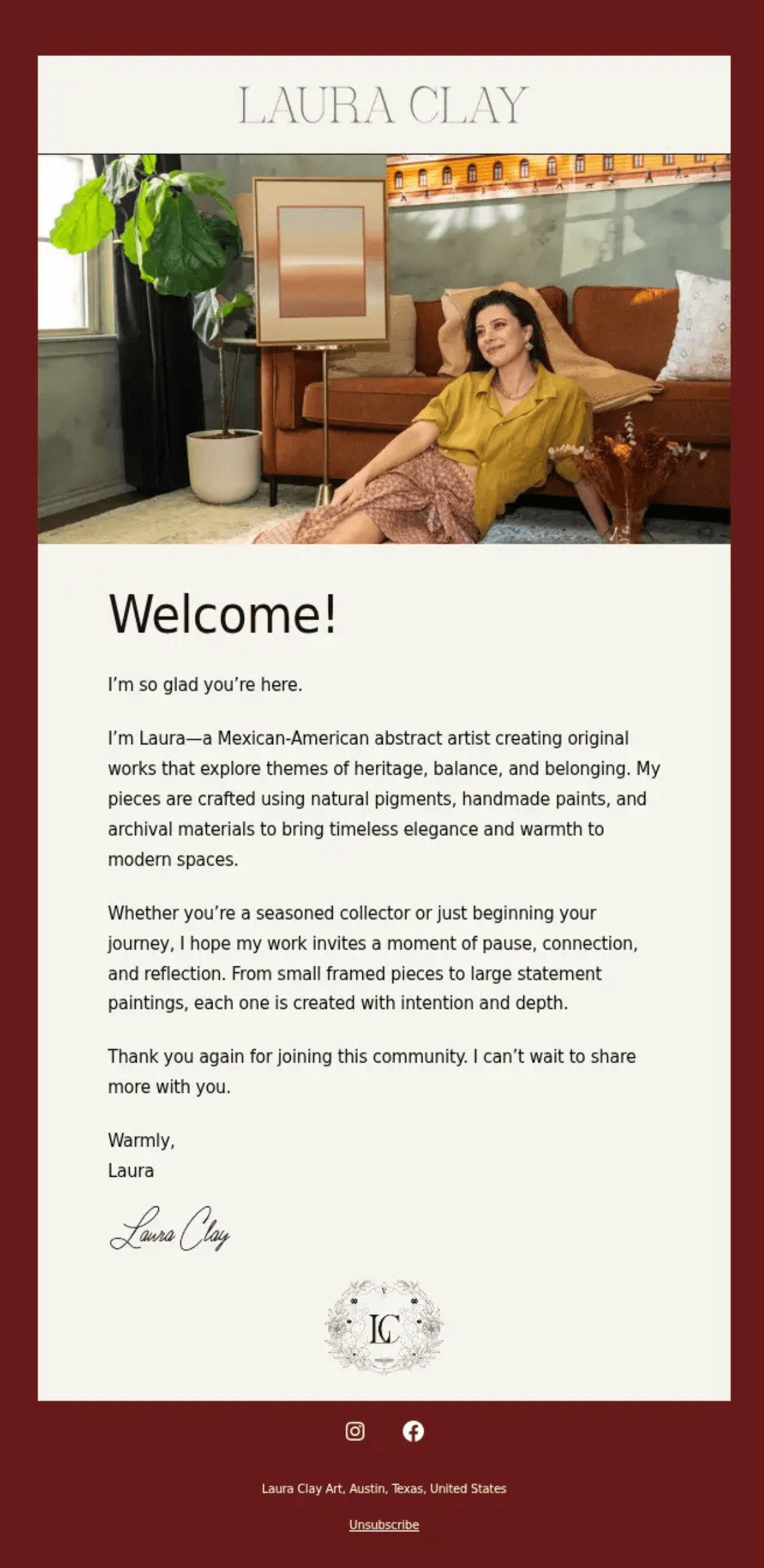 A welcome email from artist Laura Clay introducing her art studio and welcoming new subscribers