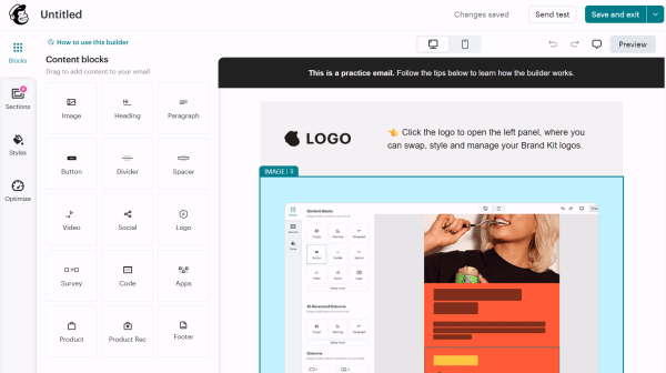Mailchimp email editor showing drag-and-drop content blocks beside a practice email template