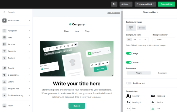 MailerLite email editor displaying a newsletter template, content library, and hero section design settings.