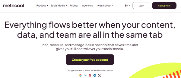 Metricool homepage highlighting a shared workspace for social content, performance data, and teams.