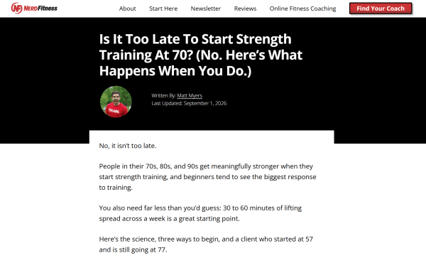 Nerd Fitness turns a common fitness question into an educational blog post, offering practical advice and a real client example. 
