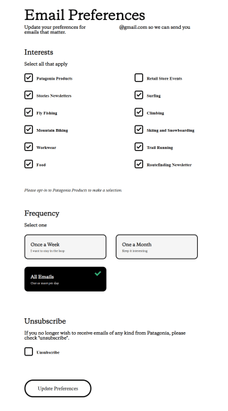 Patagonia&rsquo;s email preference center lets subscribers choose the topics they want to hear about, adjust email frequency, or unsubscribe. 