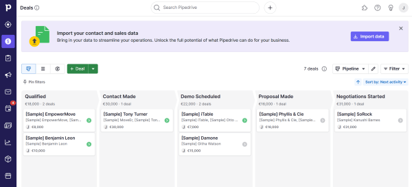 Pipedrive Keap alternative showing a visual sales pipeline with deals organized by qualification, demo, proposal, and negotiation stages.