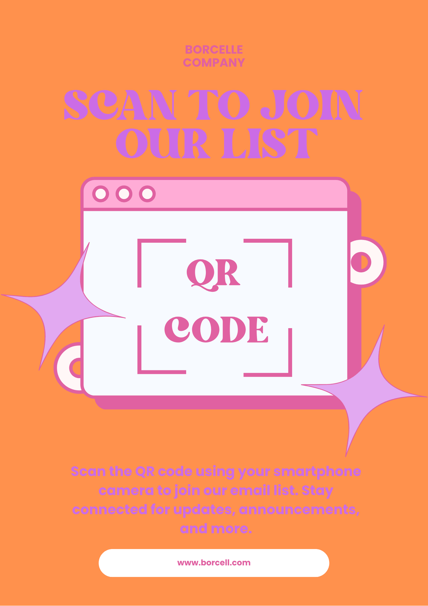 A poster designed with a Canva template featuring a QR code placeholder and instructions to join the email list