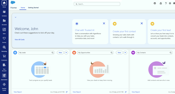 Salesforce Sales Cloud dashboard showing leads, opportunities, contacts, and Agentforce AI tools as a Keap alternative.