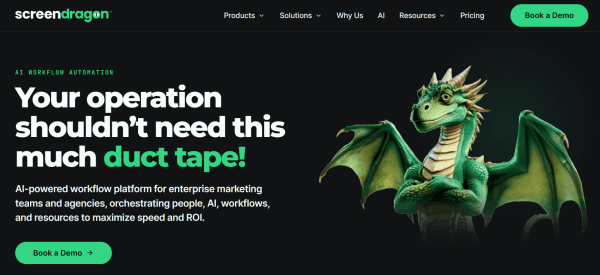 Screendragon homepage with a green dragon illustration and a description of its AI-powered workflow platform.