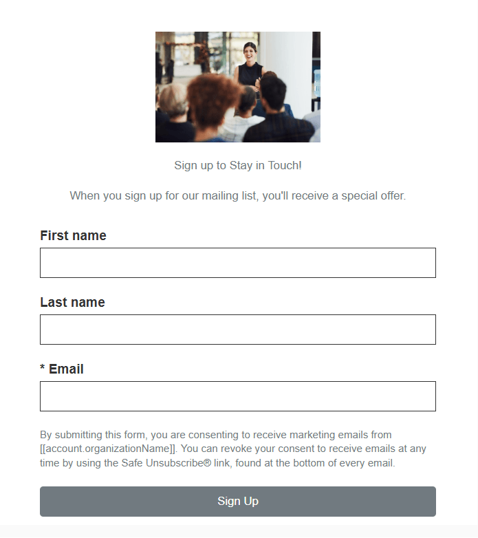 A Constant Contact landing page template for email sign-up with first name, last name, and email fields